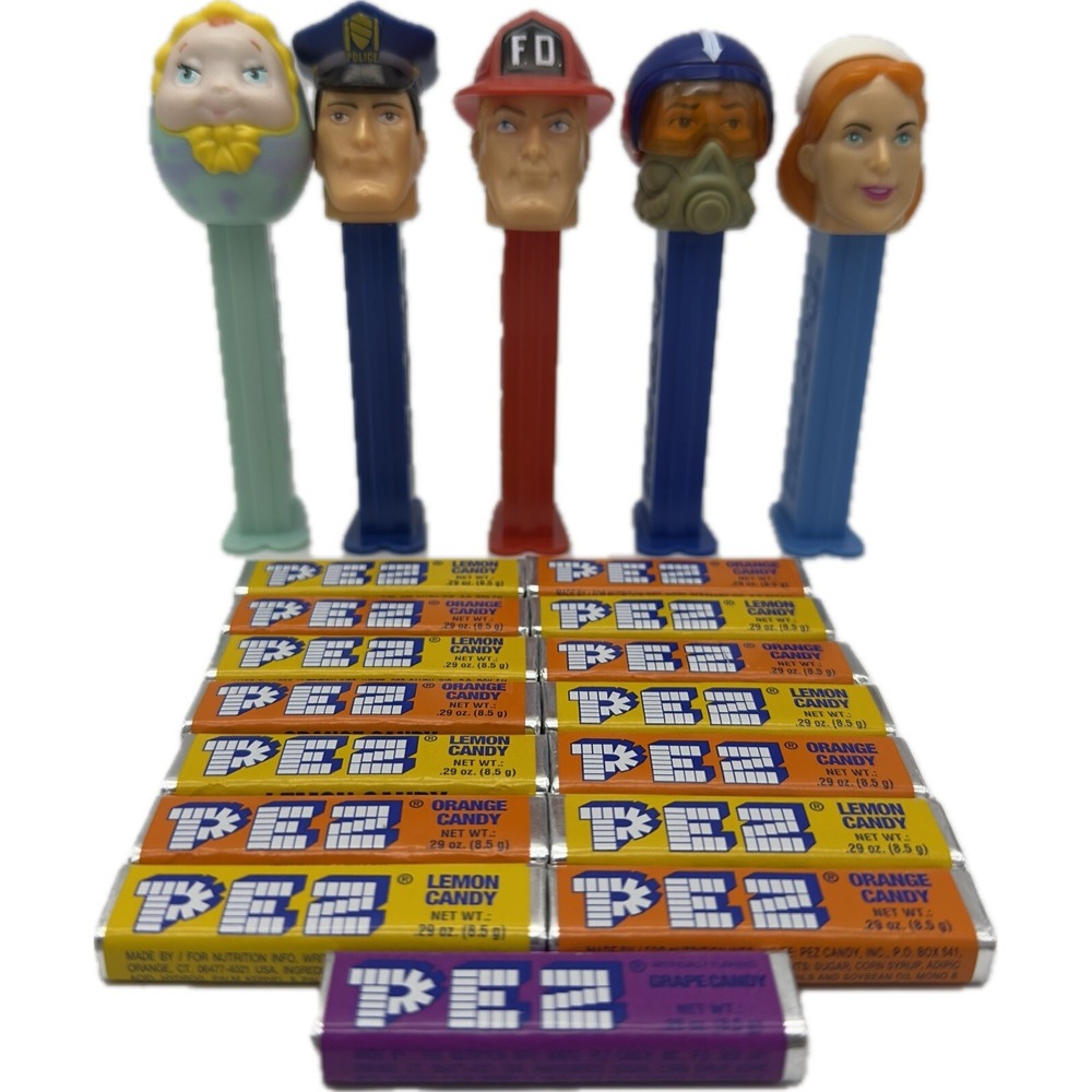 Pez Lot Of 5 Superheroes Heroes Policeman Fireman Jet Pilot Nurse Baby 15 Candy